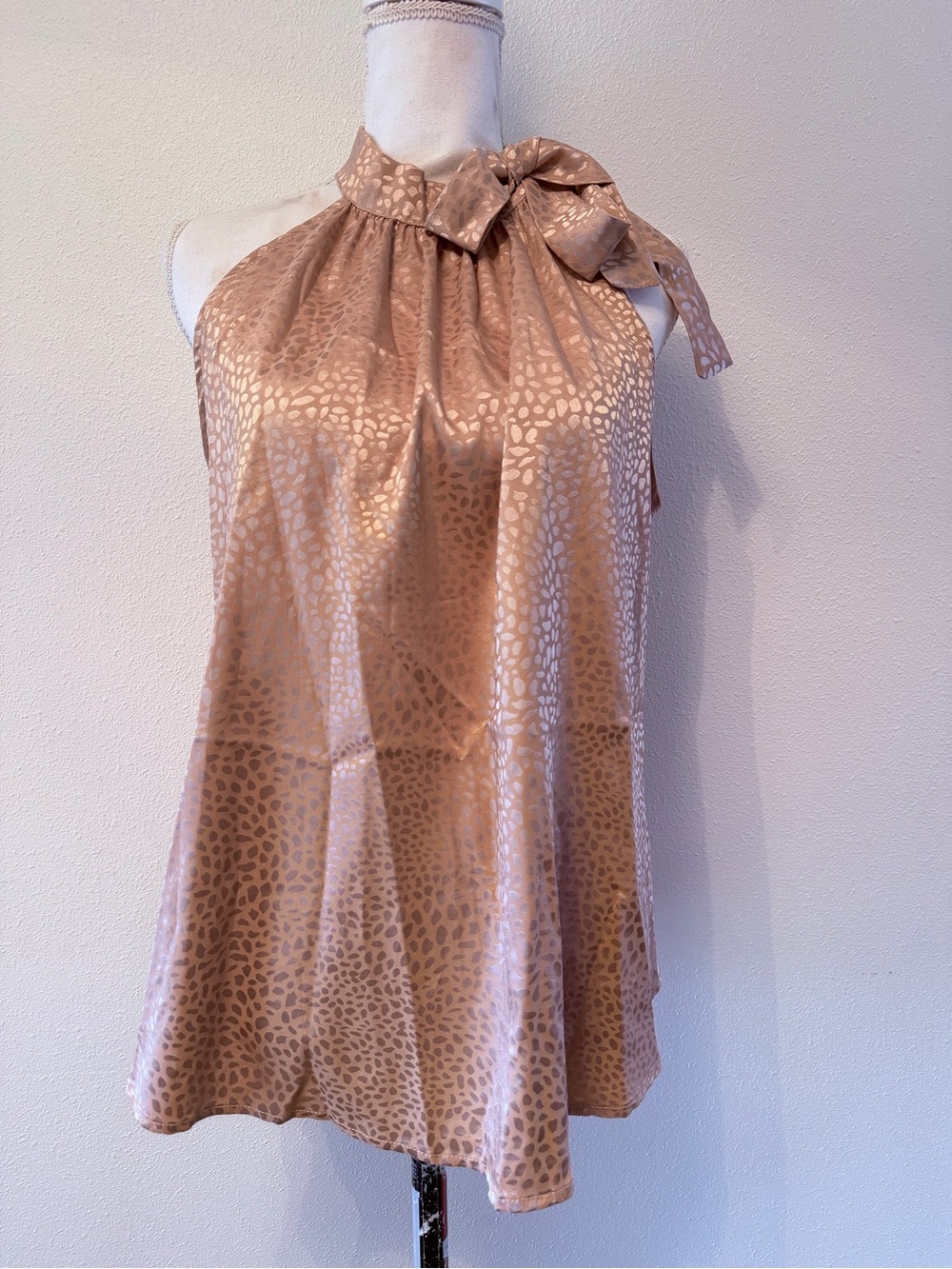 Adora Rose Gold Satin Animal Print Bow Neck Blouse NWT Small